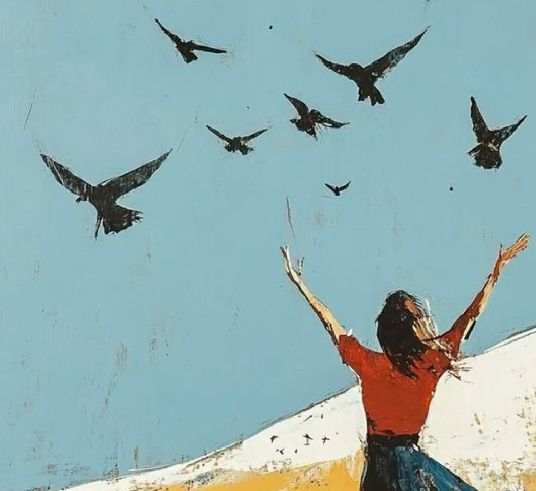 Desenho mulher com braços abertos e pássaros